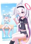  2girls absurdres arona_(blue_archive) blue_archive commentary_request desk dolphin_shorts food halo hand_fan highres holding holding_fan holding_food holding_popsicle ice_cream looking_at_viewer multiple_girls on_desk on_table plana_(blue_archive) popsicle sailor_collar shorts sitting sorakumo summer summer_uniform table 