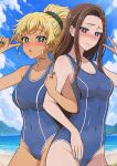  2girls absurdres amane_kei blonde_hair blue_eyes blush breasts brown_hair dark_skin green_eyes gyaru_v highres ijichi_kotoko multiple_girls nail_polish otaku_ni_yasashii_gal_wa_inai!? ponytail school_swimsuit swimsuit tan twobless v 