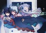  2girls black_hair character_name cho_kaguya-hime! closed_eyes commentary eighth_note english_text green_eyes grey_hair hair_ornament hair_rings hair_stick highres hug hug_from_behind mole mole_under_eye multicolored_hair multiple_girls musical_note musical_staff open_mouth pink_hair prinscarce quarter_note runami_yachiyo sakayori_iroha see-through_body smile tearing_up translated twintails two-tone_hair untranslatable_commentary 