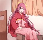  acchii_(akina) bed bow curtains feet_out_of_frame hair_bow hakama highres japanese_clothes kamikaze_(kantai_collection) kantai_collection kimono long_hair looking_down meiji_schoolgirl_uniform open_mouth pink_hakama purple_hair red_eyes red_kimono sitting solo yellow_bow 