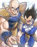  2boys akuto013 armor bald black_eyes black_hair blue_bodysuit bodysuit border cleft_chin clenched_hand clenched_teeth closed_mouth collarbone commentary_request crossed_arms dragon_ball dragon_ball_z facial_hair fighting_stance fingernails floating furrowed_brow gloves grin highres looking_at_viewer looking_up male_focus medium_hair monkey_tail multiple_boys muscular muscular_male mustache nappa outside_border saiyan saiyan_armor scouter shoulder_armor smile smirk spiked_hair tail tail_around_own_waist teeth vegeta white_armor white_border white_gloves widow's_peak yellow_armor 