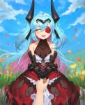  absurdres bare_shoulders blue_hair blurry blurry_background blush breasts closed_eyes cloud cloudy_sky collarbone colored_inner_hair commentary cosplay cyclops_princess_(last_origin) cyclops_princess_(last_origin)_(cosplay) dress fake_horns falling_petals field flower flower_over_eye frills gauntlets grass hair_between_eyes hair_ornament hand_grab highres horned_headwear horns last_origin long_hair looking_at_viewer lrl_(last_origin) multicolored_hair open_mouth petals pink_hair pov pov_hands sanj sky small_breasts smile tall_grass turtleneck two-tone_hair very_long_hair 