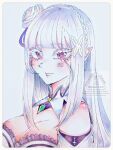  1girl bare_shoulders border breasts closed_mouth collar colored_eyelashes emilia_(re:zero) flower gem green_gem hair_flower hair_ornament highres ieyek6s large_breasts pointy_ears portrait re:zero_kara_hajimeru_isekai_seikatsu sidelocks smile solo white_eyelashes white_hair 