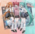  3girls a.i._voice adachi_rei aqua_eyes aqua_hair aqua_nails black_shoes black_skirt blue_bow blue_cardigan bow brown_cardigan cardigan cardigan_around_waist closed_mouth clothes_around_waist collared_shirt commentary_request dot_nose drill_hair english_text full_body gyaru hair_between_eyes hair_ornament hairclip hatsune_miku highres kasane_teto kaukrtya0915 leg_warmers long_hair looking_at_viewer medium_hair multiple_girls musical_note necktie open_mouth orange_eyes orange_hair orange_nails orange_necktie pink_cardigan pleated_skirt red_bow red_eyes red_hair red_nails school+bag shirt shoes side_ponytail simple_background skirt standing striped_boww twin_drills twintails twitter_username utau v vocaloid white_leg_warmers white_shirt zoom_layer 