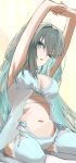  1girl armpits arms_up babydoll bare_shoulders blue_babydoll blue_eyes blue_panties blue_thighhighs blush braid breasts cleavage commentary_request fate/grand_order fate_(series) grey_hair highres large_breasts long_hair looking_at_viewer ma_ple morgan_le_fay_(fate) one_eye_closed open_mouth panties ponytail sidelocks solo stretching thighhighs thighs underwear very_long_hair 