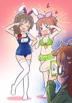  &gt;_&lt; :d abe_nana absurdres animal_ears araki_hina bikini bow_bikini braid brown_hair bunny_ears cellphone character_name clenched_hand closed_eyes cosplay costume_switch green_bikini green_jacket hair_ribbon heart highres idolmaster idolmaster_cinderella_girls jacket leg_up messy_hair multiple_girls one-piece_swimsuit open_mouth orange_hair phone pink_background pisudori ribbon school_swimsuit semi-rimless_eyewear senkawa_chihiro short_hair side_braid simple_background smile sparkle sweat swimsuit taking_picture v wet wet_clothes wet_swimsuit white_legwear xd 