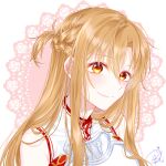  1girl armor asuna_(sao) bare_shoulders braid breastplate brown_hair closed_mouth collared_dress commentary dress floral_print hair_between_eyes half_up_half_down_braid heart high_collar highres istriri long_hair long_sidelocks looking_at_viewer messy_hair orange_eyes parted_bangs pink_background red_trim sidelocks signature sleeveless sleeveless_dress smile solo split_mouth sword_art_online untranslatable_commentary upper_body watermark white_armor white_background 