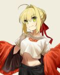 1girl braid braided_base bun_with_braided_base commentary_request crop_top doyagao fate_(series) green_eyes hair_bun hair_ribbon highres jacket midriff navel nero_claudius_(fate) off-shoulder_jacket off_shoulder red_jacket red_ribbon ribbon shirt short_sleeves single_hair_bun smile smug solo white_shirt zhang5180 