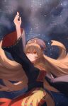  1girl absurdres arm_up black_dress black_hat blonde_hair breasts chinese_clothes commentary constellation constellation_request crescent_print dalachi_(headdress) dress english_commentary hair_between_eyes hat highres hirachill16 junko_(touhou) long_hair long_sleeves medium_breasts neck_ribbon night red_eyes red_tabard ribbon sky solo star_(sky) starry_sky tabard touhou very_long_hair wide_sleeves yellow_ribbon 