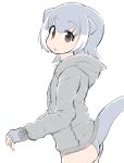  alternate_costume animal_ears bad_id bad_pixiv_id commentary_request cowboy_shot eyebrows_visible_through_hair grey_hair highres hood hoodie kemono_friends long_sleeves looking_at_viewer menturm1120 multicolored_hair one-piece_swimsuit otter_ears otter_tail short_hair small-clawed_otter_(kemono_friends) solo swimsuit tail white_hair 
