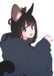  1girl absurdres animal_ear_fluff animal_ears animal_on_head black_cat black_hair blue_hoodie blush bright_pupils brown_eyes cat cat_ears cat_girl cat_tail commentary_request fang hands_up highres hood hood_down hoodie kuro_(uchi_no_kuroneko_onnanoko) long_hair long_sleeves looking_at_viewer mame_(uchi_no_kuroneko_onnanoko) megateru on_head open_mouth simple_background sleeves_past_wrists solo tail uchi_no_kuroneko_onnanoko upper_body white_background white_pupils 