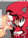  1boy 1girl alastor_(hazbin_hotel) black_hair blonde_hair charlie_morningstar colored_sclera colored_skin couple cropped formal_clothes grabbing_another's_arm grey_background hazbin_hotel hellaverse hetero highres hug hug_from_behind kiss kissing_forehead long_hair multicolored_hair mytsuki_akh procreate_(medium) procreate_(software) red_eyes red_hair red_sclera red_suit short_hair simple_background smile suit upper_body white_skin 