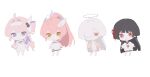  4girls absurdres aemeath_(wuthering_waves) ahoge alternate_costume animated animated_gif black_hair black_skirt chibi chibi_only chinese_commentary chisa_(wuthering_waves) closed_mouth coat colored_inner_hair commentary_request denia_(wuthering_waves) dress grey_hair hair_ornament hair_over_one_eye hair_ribbon halo highres long_hair long_sleeves looking_at_viewer looping_animation mornye_(wuthering_waves) multicolored_hair multiple_girls orange_coat orange_eyes oversized_clothes oversized_shirt pink_hair ponytail purple_eyes purple_hair red_eyes red_ribbon ribbon shaokao_lajitong shirt simple_background skirt swaying_hip white_background white_dress white_shirt wuthering_waves 