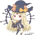  abigail_williams_(fate/grand_order) asymmetrical_legwear bangs black_bow black_footwear black_hat black_legwear black_panties blonde_hair blush_stickers bow chibi closed_mouth commentary_request dated eyebrows_visible_through_hair fate/grand_order fate_(series) hat hat_bow heart holding holding_key kafemoca key keyhole long_hair looking_at_viewer orange_bow panties parted_bangs red_eyes revealing_clothes simple_background single_thighhigh smile solo standing stuffed_animal stuffed_toy teddy_bear thighhighs topless twitter_username underwear very_long_hair white_background witch_hat 