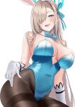  1girl absurdres animal_ear_hairband animal_ears asuna_(blue_archive) asuna_(bunny)_(blue_archive) bare_shoulders black_pantyhose blonde_hair blue_archive blue_bow blue_bowtie blue_eyes blue_halo blue_leotard blush bow bowtie breasts cleavage collarbone commentary_request covered_navel detached_collar fake_animal_ears gloves hair_over_one_eye hair_ribbon hairband halo highleg highleg_leotard highres large_breasts leotard long_hair looking_at_viewer mole mole_on_breast nakano_kura open_mouth pantyhose rabbit_ear_hairband rabbit_ears ribbon sitting smile solo thighband_pantyhose tongue tongue_out very_long_hair white_gloves 