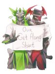  2others 4mori4n biomechanical biopunk commentary cowboy_shot facing_viewer get_along_shirt_(meme) grumpy highres laughing looking_to_the_side meme multicolored_armor multiple_others no_mouth orion_(warframe) shared_clothes shared_shirt sirius_(warframe) untranslatable_commentary w warframe white_background 