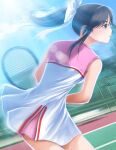  1girl back black_hair blue_sky blurry blurry_background bokeh bow brown_eyes chain-link_fence cloud commentary_request cowboy_shot day depth_of_field dress dutch_angle fence from_side hair_bow highres holding holding_racket lens_flare light_rays long_hair long_sidelocks looking_ahead love_plus motion_blur official_art outdoors parted_lips pink_dress ponytail profile racket sidelocks sky sleeveless sleeveless_dress solo sportswear sun sunbeam sunlight takane_manaka tennis tennis_court tennis_dress tennis_racket tennis_uniform tree two-tone_dress white_bow white_dress 
