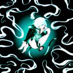  1girl absurdly_long_hair blue_hair closed_eyes commentary danciingcosmos elbow_gloves floating floating_hair full_body gloves glowing glowing_hair hatsune_miku hatsune_miku_(append) highres hugging_own_legs knees_up leotard long_hair solo thighhighs twintails very_long_hair vocaloid vocaloid_append 