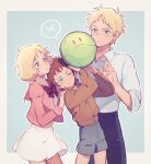  1girl 2boys aged_down amuro_ray artesia_som_deikun blonde_hair blue_eyes bow brother_and_sister casval_rem_deikun char_aznable child closed_mouth collared_shirt commentary_request gundam haro jacket long_sleeves mobile_suit_gundam mobile_suit_gundam_the_origin multiple_boys namihaya one_eye_closed pushing_away red_eyes robot sayla_mass shirt shorts siblings simple_background spoken_x 