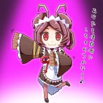  chibi entoma_vasilissa_zeta insect_girl maid monster_girl ofuda overlord_(maruyama) pose purple_hair red_eyes standing_on_one_leg text translation_request 