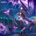  1girl armor braid braided_ponytail breasts bridal_gauntlets bug butterfly commentary english_commentary flower from_behind full_body genshin_impact hair_ornament highres holding holding_umbrella japanese_clothes kimono long_hair long_sleeves looking_at_viewer looking_back mitsudomoe_(shape) mole mole_under_eye night obi official_art oil-paper_umbrella outdoors parted_lips purple_eyes purple_hair purple_kimono purple_thighhighs raiden_shogun sash shoulder_armor single_braid sky solo standing thighhighs tomoe_(symbol) umbrella very_long_hair wide_sleeves 
