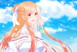  1girl :d armor asuna_(sao) asuna_(stacia)_(sao) bare_shoulders blue_sky braid breastplate breasts cloud cloudy_sky collared_dress commentary day detached_sleeves dress floating_hair grey_trim hair_ribbon half_up_half_down_braid high_collar istriri long_hair long_sidelocks looking_at_viewer medium_breasts open_mouth orange_eyes orange_hair outdoors purple_trim ribbon sidelocks sky sleeveless sleeveless_dress smile solo spaghetti_strap sword_art_online sword_art_online:_alicization sword_art_online:_alicization_-_war_of_underworld untranslatable_commentary upper_body white_armor white_dress white_ribbon white_sleeves 