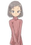  absurdres blush closed_mouth commentary grey_eyes grey_hair highres long_sleeves looking_at_viewer original red_sweater ribbed_sweater short_hair simple_background solo sweater upper_body v_arms white_background yamamoto_souichirou 