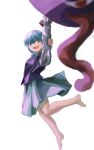  1girl barefoot blue_eyes blue_hair blue_skirt commentary_request full_body garakuraku heterochromia highres holding holding_umbrella karakasa_obake long_sleeves looking_at_viewer open_mouth purple_umbrella purple_vest red_eyes shirt short_hair simple_background skirt smile solo tatara_kogasa touhou umbrella vest white_background white_shirt 