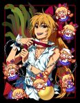  >_< 6+girls :3 ball_and_chain_restraint black_background blonde_hair blush border bow brown_horns clone commentary_request cuffs drinking drooling fangs gourd green_snake hair_bow highres horn_ornament horn_ribbon horns ibuki_suika inset_border long_hair looking_at_viewer mini_person minigirl mouth_drool multiple_girls oni open_mouth outside_border partially_unbuttoned pointy_ears purple_skirt re_ghotion red_border red_bow red_eyes ribbon ribs shackles shirt simple_background skirt smile teeth tongue tongue_out torn_clothes torn_sleeves touhou upper_teeth_only very_long_hair white_shirt 