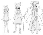  3girls animal_ears animal_hat ascot blush bow closed_mouth commentary_request detached_sleeves dress e.o. fang fang_out fox_ears fox_girl fox_tail frilled_bow frilled_hair_tubes frills full_body gohei greyscale hair_between_eyes hair_bow hair_tubes hakurei_reimu hands_in_opposite_sleeves hat highres holding holding_gohei kitsune kudamaki_tsukasa looking_at_viewer medium_hair mob_cap monochrome multiple_girls multiple_tails open_mouth romper shoes sketch skin_fang skirt sleeve_ribbon smile socks tabard tail touhou yakumo_ran 