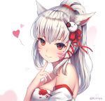  animal_ears bare_shoulders blush breasts bunny_hair_ornament cat_ears cat_girl closed_mouth detached_sleeves eyelashes facial_mark final_fantasy final_fantasy_xiv finger_to_chin flower hair_flower hair_ornament hair_ribbon hand_up heart long_hair looking_at_viewer miqo'te mole mole_under_eye monk_(final_fantasy) ponytail red_eyes red_flower red_ribbon red_rose ribbon rorinya rose sidelocks silver_hair simple_background sleeveless slit_pupils small_breasts solo tattoo twitter_username whisker_markings white_background 