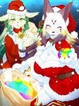  2girls black_hair character_request christmas dog fullbokko_heroes furry green_eyes green_hair kame_(3t) long_hair multicolored_hair multiple_girls two-tone_hair white_hair 