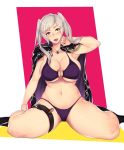  belt bikini blush breasts cape female_my_unit_(fire_emblem:_kakusei) fire_emblem fire_emblem:_kakusei fire_emblem_heroes highres jewelry large_breasts messatsu_tan my_unit_(fire_emblem:_kakusei) navel necklace o-ring o-ring_bikini purple_bikini robe short_twintails silver_hair sitting solo swimsuit thick_thighs thigh_strap thighs twintails wariza yellow_eyes 
