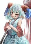  1girl aqua_dress bare_shoulders blush commentary dress earrings grey_hair grin highres holding holding_spoon horn_ornament horn_ribbon horns jewelry looking_at_viewer medium_hair off-shoulder_dress off_shoulder omaega_chan oversized_spoon parted_lips pointy_ears red_eyes ribbon sharp_teeth sheep_horns smile solo spoon teeth touhou toutetsu_yuuma 
