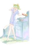  1girl artist_request bacon bare_legs barefoot bread bread_slice breasts cabinet cleavage closed_eyes closed_mouth commentary_request cup double-parted_bangs dress food fried_egg grass green_hair hair_ornament hair_scrunchie hand_up highres holding holding_cup holding_plate korean_commentary medium_breasts medium_hair nightgown overgrown plate radio sausage scrunchie second-party_source short_dress short_sleeves simple_background smile solo standing stellive teacup tile_wall tiles tiptoes toast twintails u_u virtual_youtuber white_background white_nightgown yellow_scrunchie yuzuha_riko 