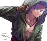  blue_eyes blue_hair camus_(dq11) diana_assa dragon_quest dragon_quest_xi earrings happy_birthday hood hood_up jewelry male_focus parted_lips pectorals shiny shiny_skin simple_background solo spiked_hair upper_body white_background 