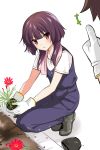  alternate_costume black_hair blush boots flower gardening gloves highres kono_subarashii_sekai_ni_shukufuku_wo! megumin misu_kasumi overalls red_eyes short_hair_with_long_locks soil solo towel 