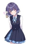  1girl arms_behind_back blue_ribbon blue_skirt blue_vest blush closed_mouth collared_shirt commentary_request flower gakuen_idolmaster hair_flower hair_ornament hataya_misuzu hatsuboshi_gakuen_school_uniform heart highres idolmaster long_sleeves looking_at_viewer mole mole_under_mouth neck_ribbon pleated_skirt purple_eyes purple_hair ribbon school_uniform shinouzip shirt short_hair simple_background skirt smile solo tassel tassel_hair_ornament vest white_background white_shirt 