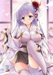  ass azur_lane bangs black_gloves blue_eyes blunt_bangs blush breasts cameltoe collarbone commentary_request cup day eyebrows_visible_through_hair flower gloves hair_flower hair_ornament hand_on_own_face highres holding holding_clothes indoors instrument japanese_clothes kimono knee_up large_breasts leg_hold long_hair looking_at_viewer mole mole_under_eye open_mouth panties pantyshot pantyshot_(sitting) partly_fingerless_gloves petals pleated_skirt pointing pointing_at_viewer rigging saucer shoukaku_(azur_lane) sidelocks silver_hair sitting skindentation skirt smile solo sousouman steam tatami thighhighs thighs underwear white_legwear white_panties wide_sleeves wind 