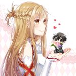  1boy armor artist_name asuna_(sao) black_coat black_gloves black_hair black_shirt black_shoes blush bouquet braid breastplate breasts brown_eyes brown_hair chibi chibi_only closed_mouth coat collared_dress commentary_request detached_sleeves double-parted_bangs dress fingerless_gloves flower from_side full_body gloves grey_eyes grey_pants hair_between_eyes half_up_half_down_braid hands_up high_collar highres holding holding_bouquet istriri kirito long_coat long_hair long_sidelocks long_sleeves looking_at_viewer looking_to_the_side medium_breasts messy_hair mini_person miniboy open_clothes open_coat pants person_on_hand pink_flower purple_flower red_trim shirt shoes short_hair sidelocks simple_background sleeveless sleeveless_dress sleeves_past_wrists smile solo_focus standing sword_art_online twitter_username upper_body watermark white_armor white_background white_dress white_flower white_sleeves white_trim 