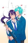  2boys :d ahoge aqua_hair arms_around_another's_waist black_pants blazer blue_jacket blue_necktie closed_eyes closed_mouth collared_shirt commentary_request cowboy_shot ensemble_stars! floating_hair gon_jiri gradient_background green_necktie hair_between_eyes hair_intakes heart holding holding_sword holding_weapon hug hug_from_behind jacket kanzaki_souma katana long_hair long_sleeves looking_at_another male_focus motion_lines multiple_boys necktie nervous_sweating own_hands_clasped own_hands_together pants parted_bangs plaid_clothes plaid_pants purple_eyes purple_hair school_uniform shinkai_kanata shirt short_hair sidelocks smile surprised sweat sweatdrop sword teeth upper_teeth_only v-shaped_eyebrows wavy_mouth weapon white_background white_shirt yaoi yellow_background yumenosaki_school_uniform 