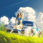  1girl absurdres alternate_costume animal_ears arm_up black_shoes blue_eyes brown_hair car cloud cloudy_sky commentary_request day dress ear_ornament full_body grass hair_between_eyes highres horse_ears horse_girl horse_tail long_hair long_sleeves looking_at_viewer mary_janes mazda mazda_rx-7 mazda_rx-7_fd motor_vehicle multicolored_hair on_car outdoors run_rotary shoes sitting sky smile solo spoiler_(automobile) streaked_hair tail tokai_teio_(umamusume) umamusume vehicle_focus white_dress white_hair 