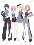  4girls amaya_tsubame arimura_mao bare_shoulders belt black_belt black_choker black_gloves black_hair black_pants black_shoes black_sleeves blonde_hair blue_eyes boots choker closed_mouth detached_sleeves dress eeekusuhsss fanged_bangs gakuen_idolmaster gloves grey_dress grey_pants grey_shirt hair_bun highres himesaki_rinami idolmaster jacket juo_sena leg_warmers long_hair long_sleeves looking_at_viewer low_ponytail mole mole_under_eye multicolored_hair multiple_girls open_mouth pants pink_hair ponytail purple_eyes red_streaks shirt shoes short_hair simple_background single_side_bun skirt sleeveless sleeveless_shirt smile streaked_hair two-tone_dress two-tone_hair white_background white_boots white_jacket white_leg_warmers 