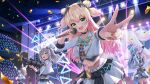  4girls animal_ears blonde_hair blue_hair bow commentary_request concert cropped_jacket double_bun firing fox_ears glowstick gradient_hair green_eyes grey_hair hair_bun hand_up highres holding holding_microphone holding_rocket_launcher holding_weapon hololive hololive_idol_uniform_(bright) idol idol_clothes jacket lion_ears lion_girl lion_tail long_hair looking_at_viewer microphone midriff momosuzu_nene multicolored_hair multiple_girls nail_polish nepolabo omaru_polka open_mouth orange_nails pink_hair pointy_ears rocket_launcher same1029 shishiro_botan singing skirt smile smoke smoking_barrel solo_focus stage stage_lights tail two_side_up v virtual_youtuber weapon white_jacket white_skirt yukihana_lamy 