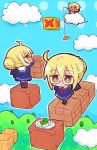  3girls :o ahoge artoria_pendragon_(fate) block_(object) blonde_hair blue_serafuku blue_shirt blue_skirt blue_sky blue_socks blush braid brown_eyes brown_shoes chibi closed_mouth cloud commentary_request day fate/grand_order fate_(series) fishing_line fishing_rod food glasses hair_between_eyes hair_bun holding holding_fishing_rod kasuga_yuuki long_sleeves multiple_girls multiple_persona mysterious_heroine_x_alter_(fate) open_mouth outdoors pleated_skirt red-framed_eyewear sailor_collar school_uniform semi-rimless_eyewear serafuku shirt shoe_soles shoes skirt sky smile socks standing tiptoes under-rim_eyewear walking white_sailor_collar 
