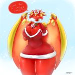  2015 anthro armor averyshadydolphin belly big_breasts breasts candy candy_cane christmas cleavage clothed clothing digital_media_(artwork) dress eyelashes female fingers food gloves hi_res hieratic_sun_dragon_overlord_of_heliopolis holidays inviting looking_at_viewer question red_dress red_skin signature simple_background smile snow solo symbol text thick_thighs voluptuous wide_hips wings yu-gi-oh 