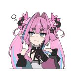  1girl :3 arknights arknights:_endfield bare_shoulders black_gloves black_horns blue_eyes commentary_request cropped_torso dot_nose dragon_girl dragon_horns finger_to_face gloves hair_intakes hair_on_horn highres horns mocha_mh multicolored_horns off_shoulder pink_gloves pink_hair pink_horns pink_pupils pointing pointing_up short_eyebrows simple_background solo thinking twintails two-sided_gloves two-tone_horns upper_body white_background yvonne_(arknights) 