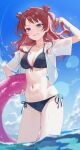  1girl abs absurdres bikini black_bikini blue_eyes blue_sky breasts brown_hair cloud collarbone commentary day eimizzzzz gakuen_idolmaster hanami_saki highres idolmaster jacket large_breasts long_hair navel ocean open_clothes open_jacket outdoors side-tie_bikini_bottom sky smile solo stomach swim_ring swimsuit two_side_up untranslatable_commentary water white_jacket 