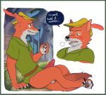  2016 anthro arm_support blush bottomless canine claws clothed clothing erection feathers forest fox fur glitter_trap_boy hat male mammal orange_fur pawpads penis robin_hood sitting smile solo speech_bubble text tree white_fur 