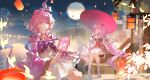  2girls absurdres aerial_fireworks alternate_costume architecture blue_eyes breasts bridge chinese_commentary color_connection commentary_request company_connection cyrene_(honkai:_star_rail) cyrene_(philia093)_(honkai:_star_rail) dress east_asian_architecture elysia_(herrscher_of_human:_ego)_(honkai_impact) elysia_(honkai_impact) elysia_(peachy_spring)_(honkai_impact) fireworks full_moon hair_color_connection hand_fan highres holding holding_fan holding_umbrella honkai:_star_rail honkai_(series) honkai_impact_3rd inoue_marina lantern large_breasts long_hair looking_at_viewer moon multiple_girls night official_alternate_costume oil-paper_umbrella paper_lantern pink_hair purple_eyes red_dress sitting sky sky_lantern small_breasts smile star_(sky) starry_sky umbrella very_long_hair voice_actor_connection white_dress yanning zhui_ming_jin_ge 